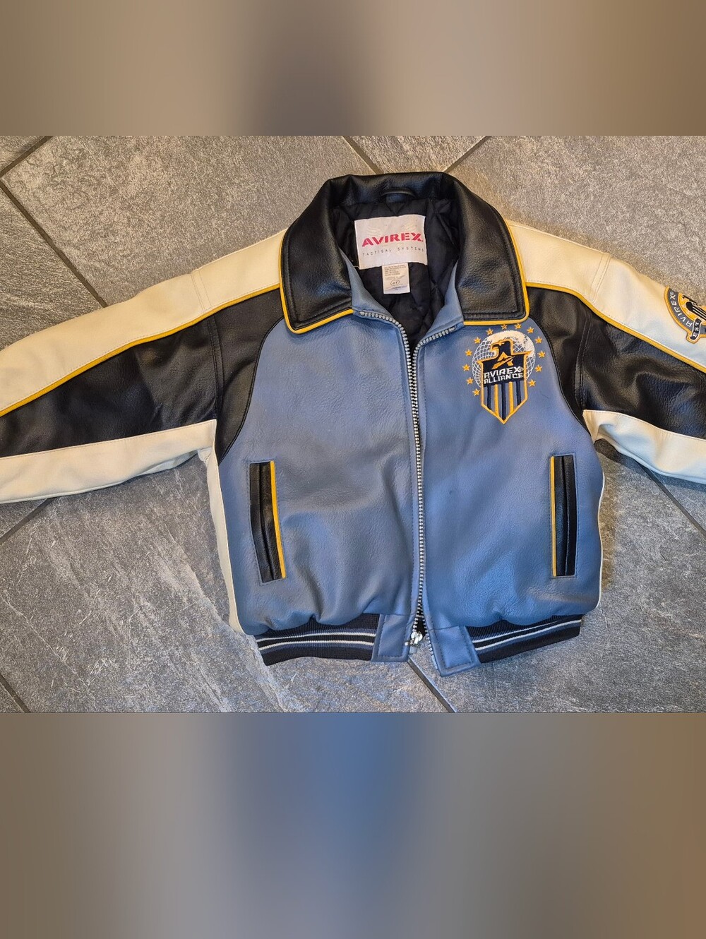 Avirex Kids Blue, Navy & Cream Leather Jacket with Crest Patch